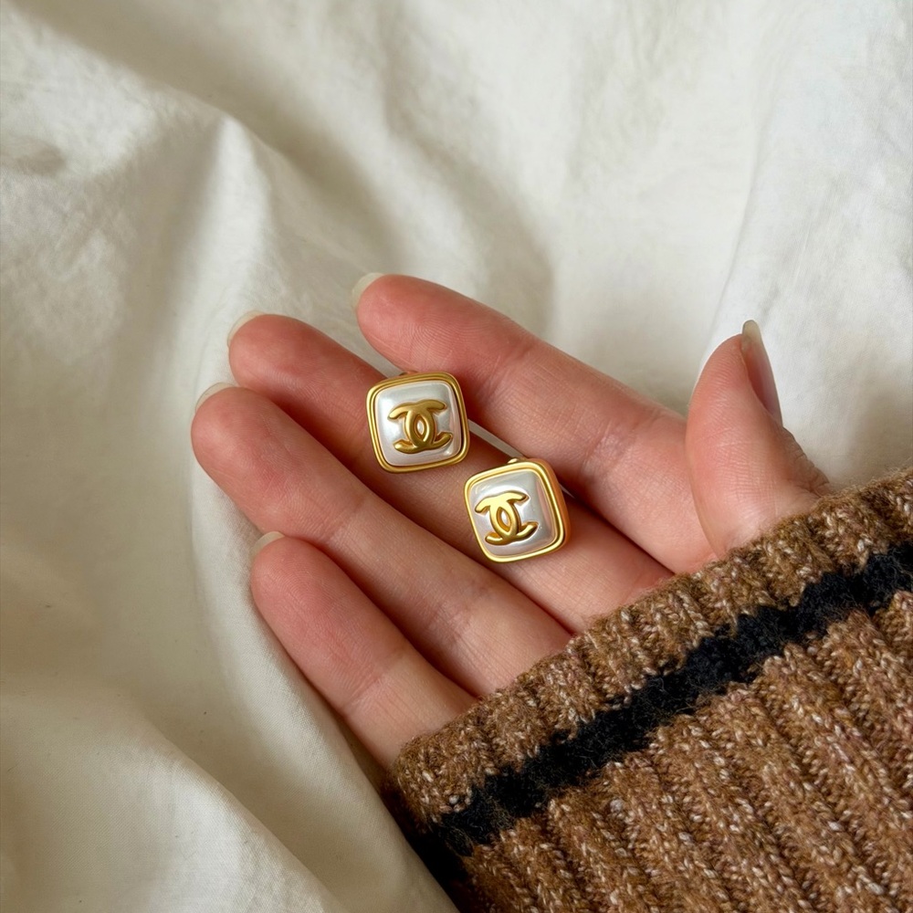 CHANEL Gold and Cream Square Earrings - Picture 12 of 15